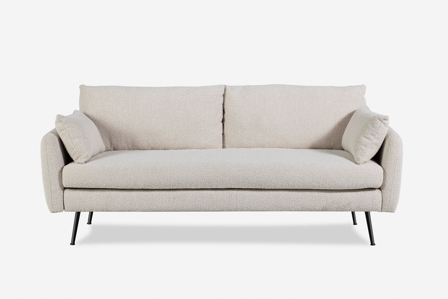 The Park Sofa is a modern beige sofa with two back cushions, two side cushions, and slim black metal legs, shown against a plain white background.