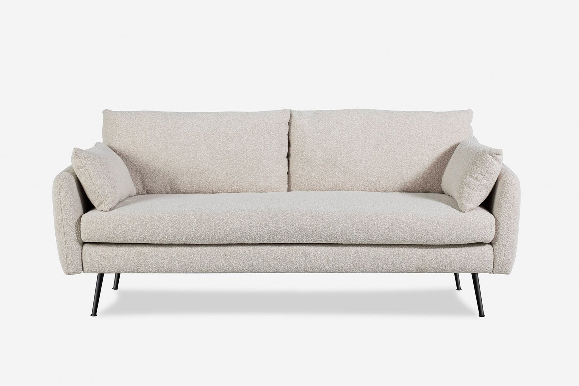 The Park Sofa is a modern beige sofa with two back cushions, two side cushions, and slim black metal legs, shown against a plain white background.
