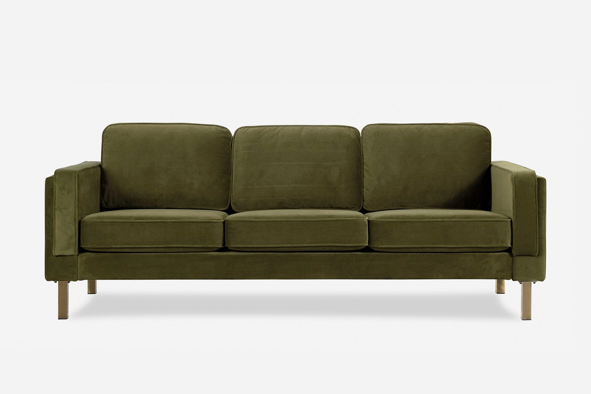 The Albany Sofa is a modern olive green piece with three seat and back cushions, straight armrests, and wooden legs, displayed against a plain white background.