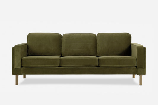 The Albany Sofa is a modern olive green piece with three seat and back cushions, straight armrests, and wooden legs, displayed against a plain white background.