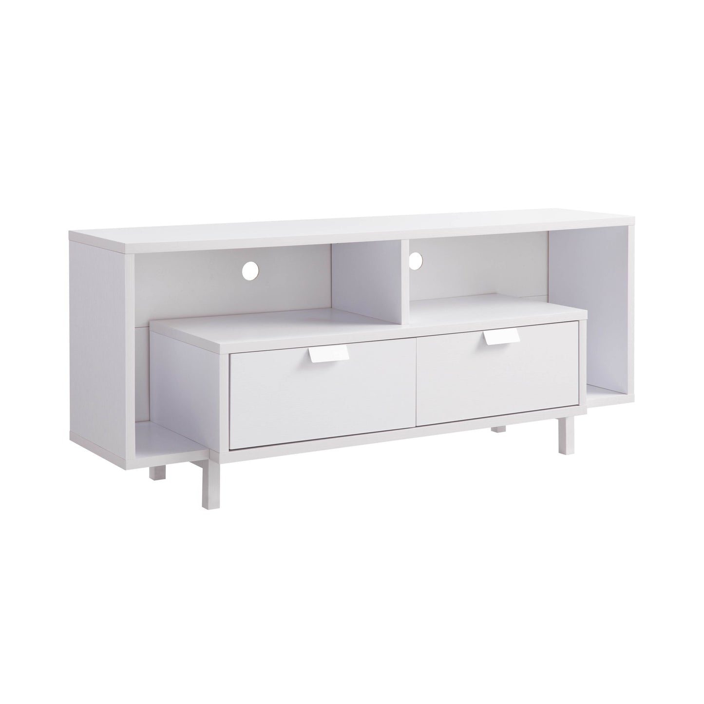 The Modern TV Stand & Two Shelves And Two Drawers features a sleek white design, two open shelves, two lower drawers with rectangular handles, cable management holes at the back, and stands on four short legs for a minimalist look.