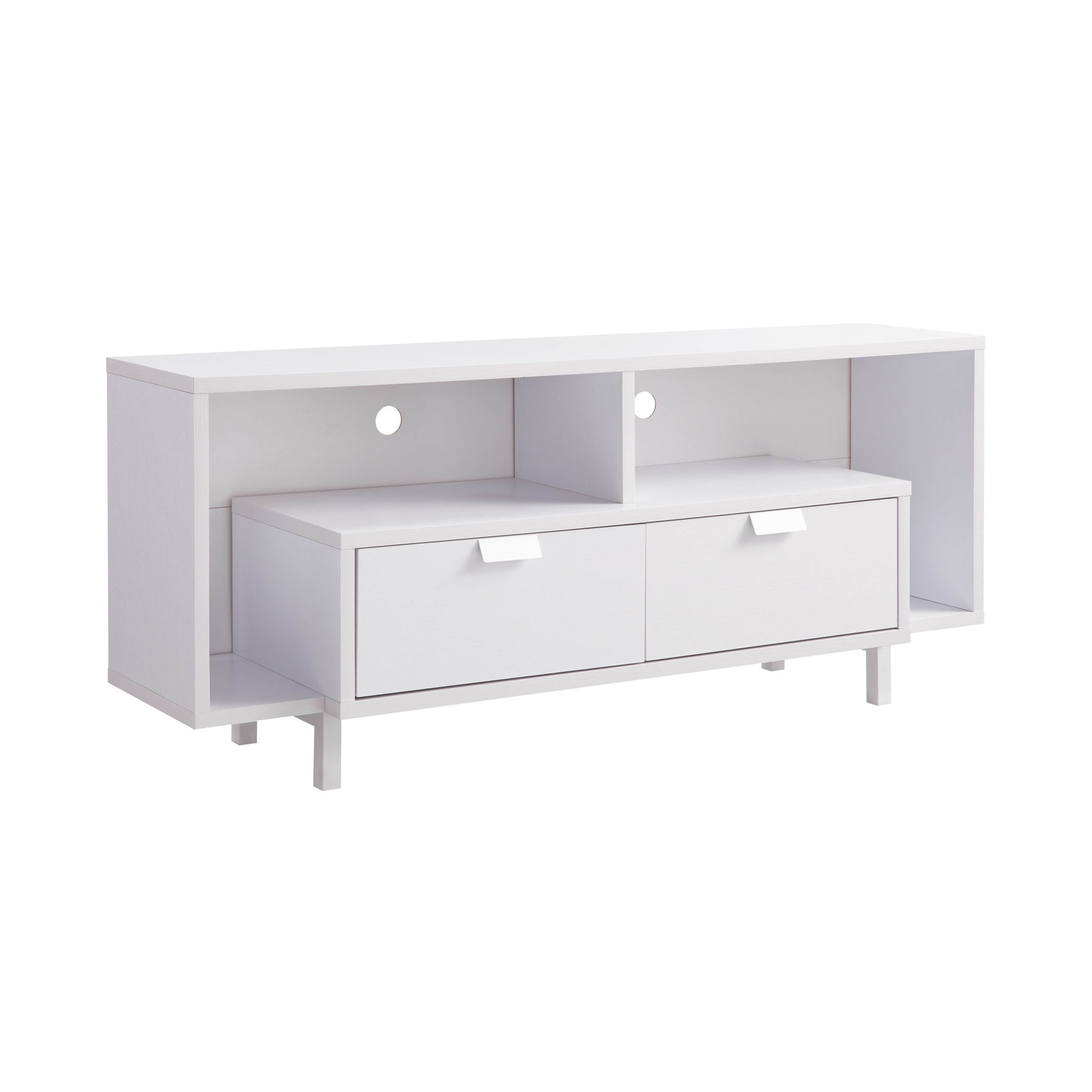 The Modern TV Stand & Two Shelves And Two Drawers features a sleek white design, two open shelves, two lower drawers with rectangular handles, cable management holes at the back, and stands on four short legs for a minimalist look.