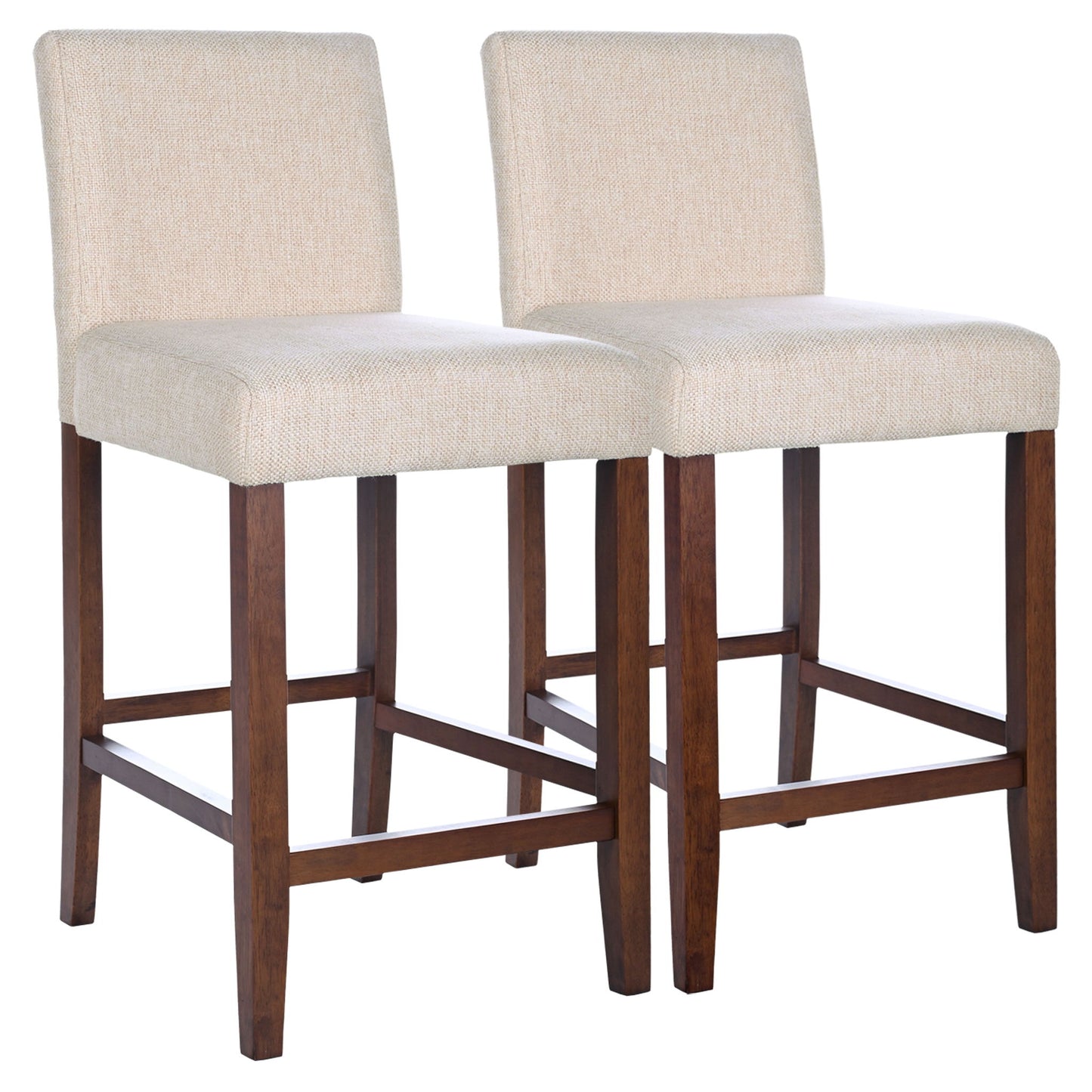 The Dorian Counter Chair set includes two beige upholstered stools with backs, featuring dark wooden legs and footrests, shown side by side on a white background.