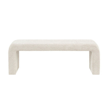 The Modern Contemporary Waterfall Bench - Cream is a minimalist, modern bench with rounded corners, a textured cream upholstered surface, and open rectangular sides as legs.