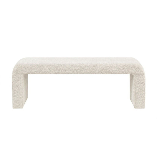 The Modern Contemporary Waterfall Bench - Cream is a minimalist, modern bench with rounded corners, a textured cream upholstered surface, and open rectangular sides as legs.