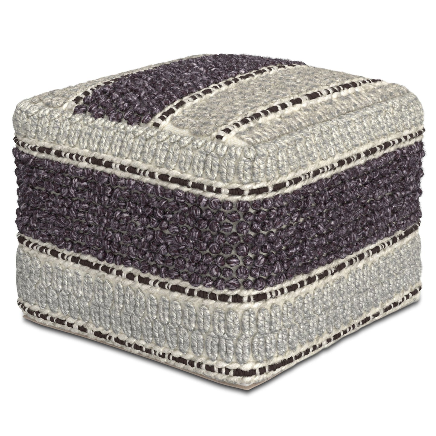 The Grady - Handcrafted Square Pouf is a square ottoman with a chunky woven knit design, featuring alternating thick horizontal stripes in dark purple and light gray.