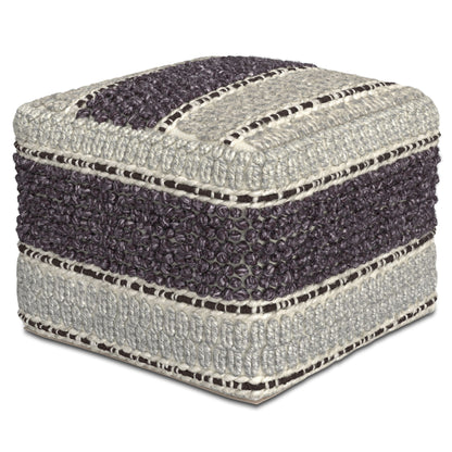 The Grady - Handcrafted Square Pouf is a square ottoman with a chunky woven knit design, featuring alternating thick horizontal stripes in dark purple and light gray.