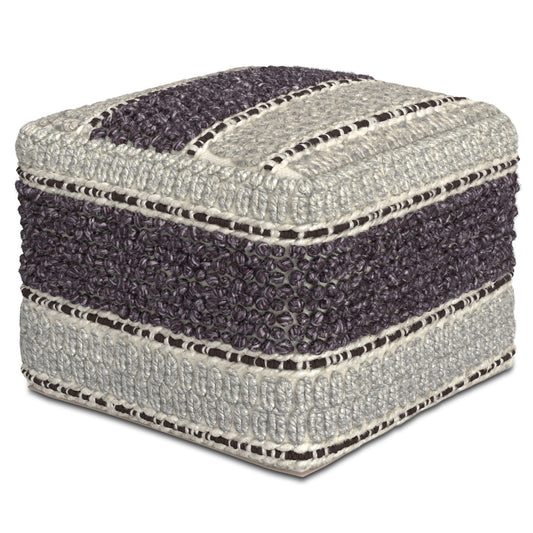 The Grady - Handcrafted Square Pouf is a square ottoman with a chunky woven knit design, featuring alternating thick horizontal stripes in dark purple and light gray.