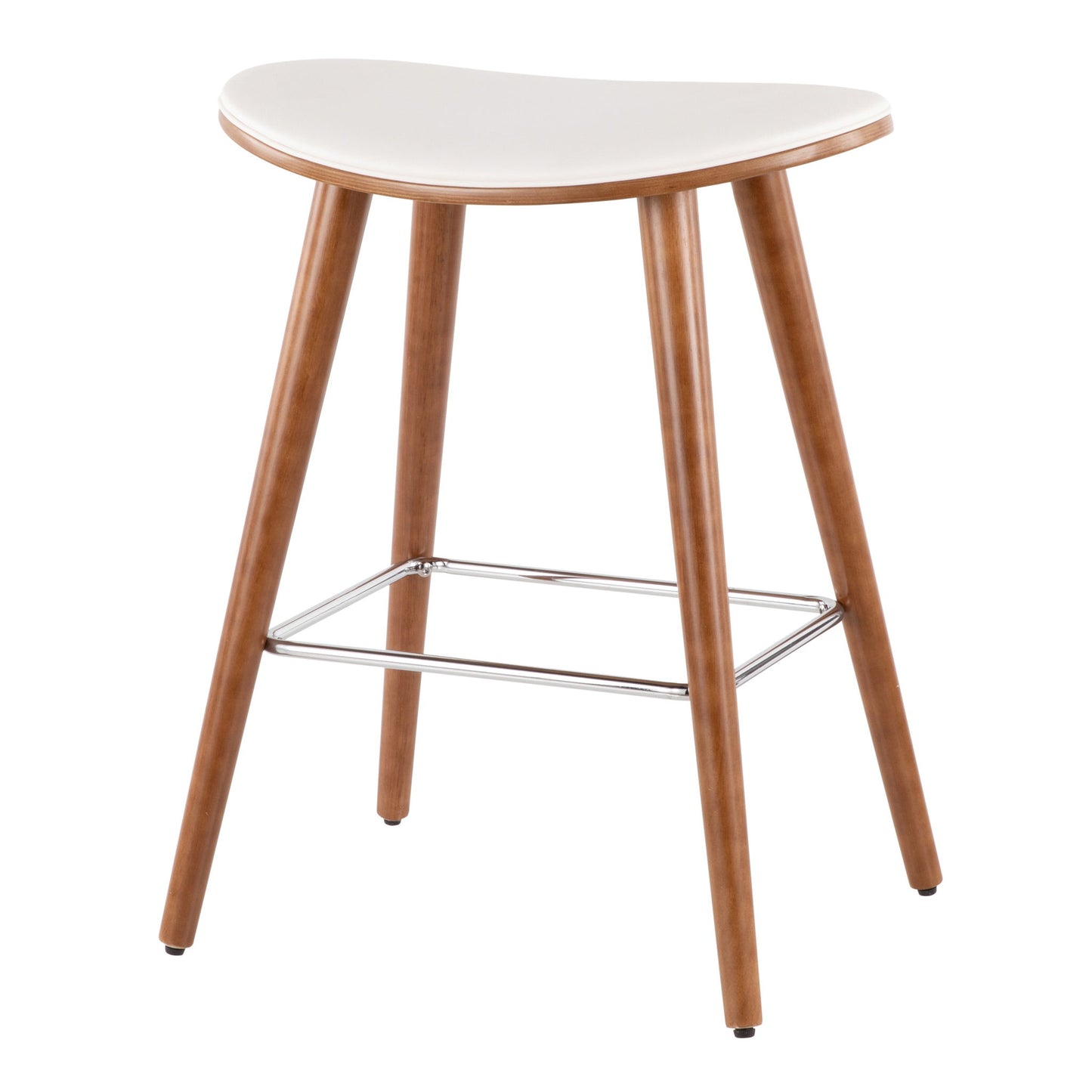 The Saddle - Contemporary Counter Stool (Set of 2) features a modern wooden design with four angled legs, a white curved seat, and a metal footrest connecting the legs.