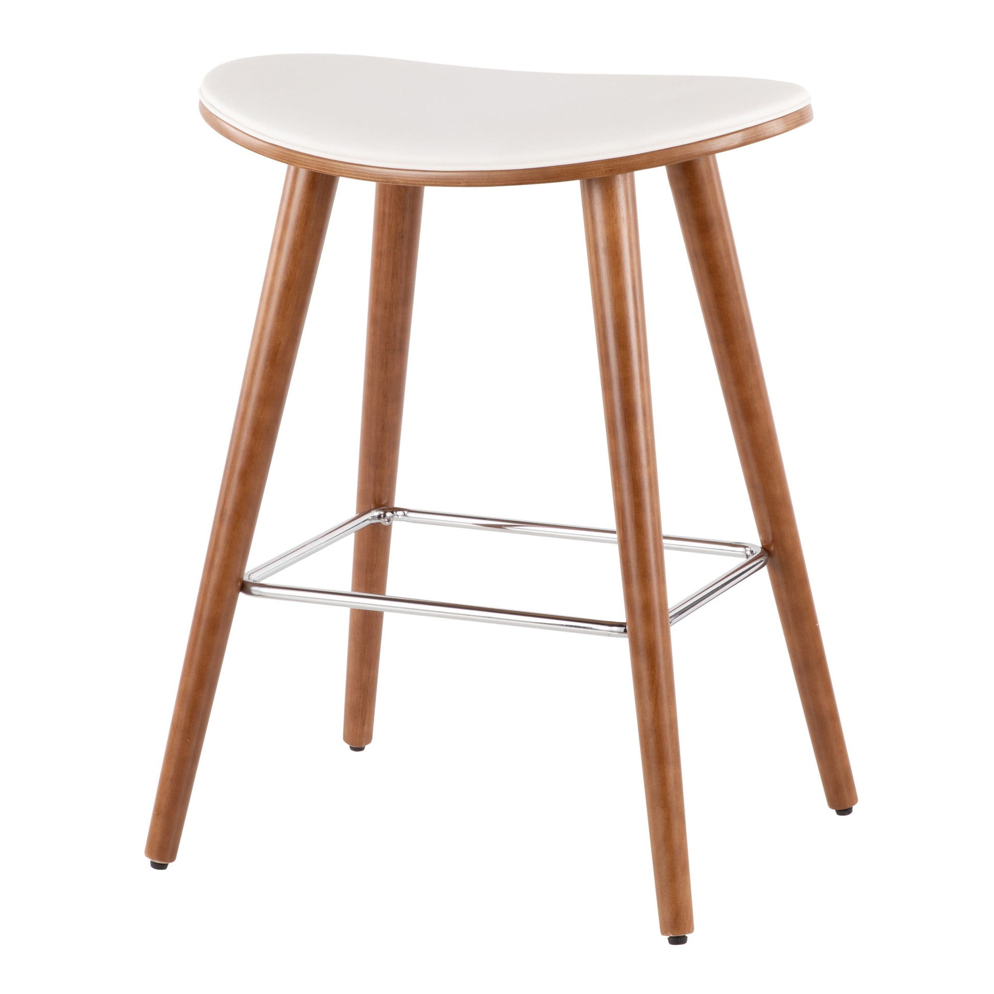 The Saddle - Contemporary Counter Stool (Set of 2) features a modern wooden design with four angled legs, a white curved seat, and a metal footrest connecting the legs.