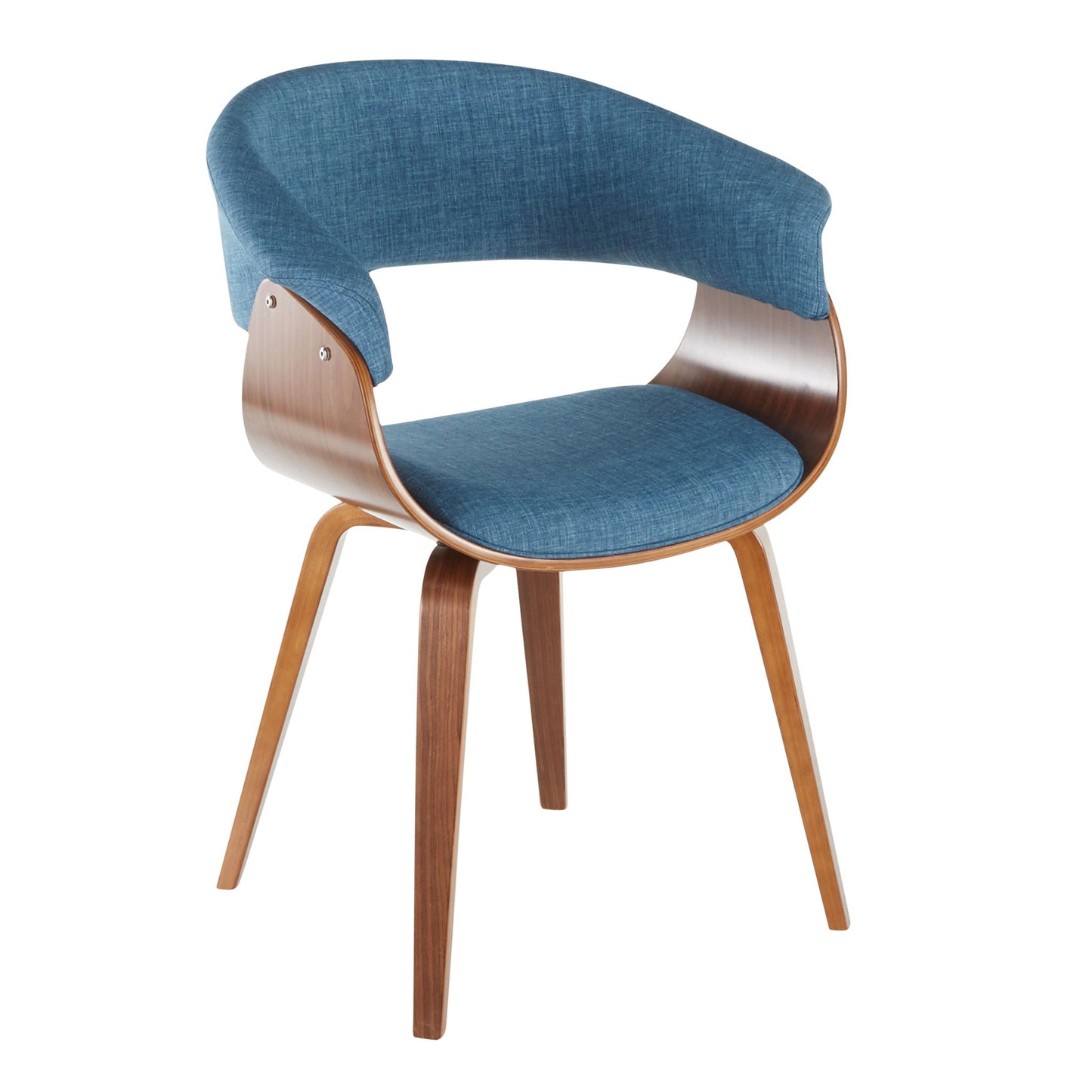 The Vintage Mod - Mid Century Modern Dining Chair (Set of 2) features a curved wooden frame, angled legs, blue upholstered seat and backrest, and an open section between the seat and back.