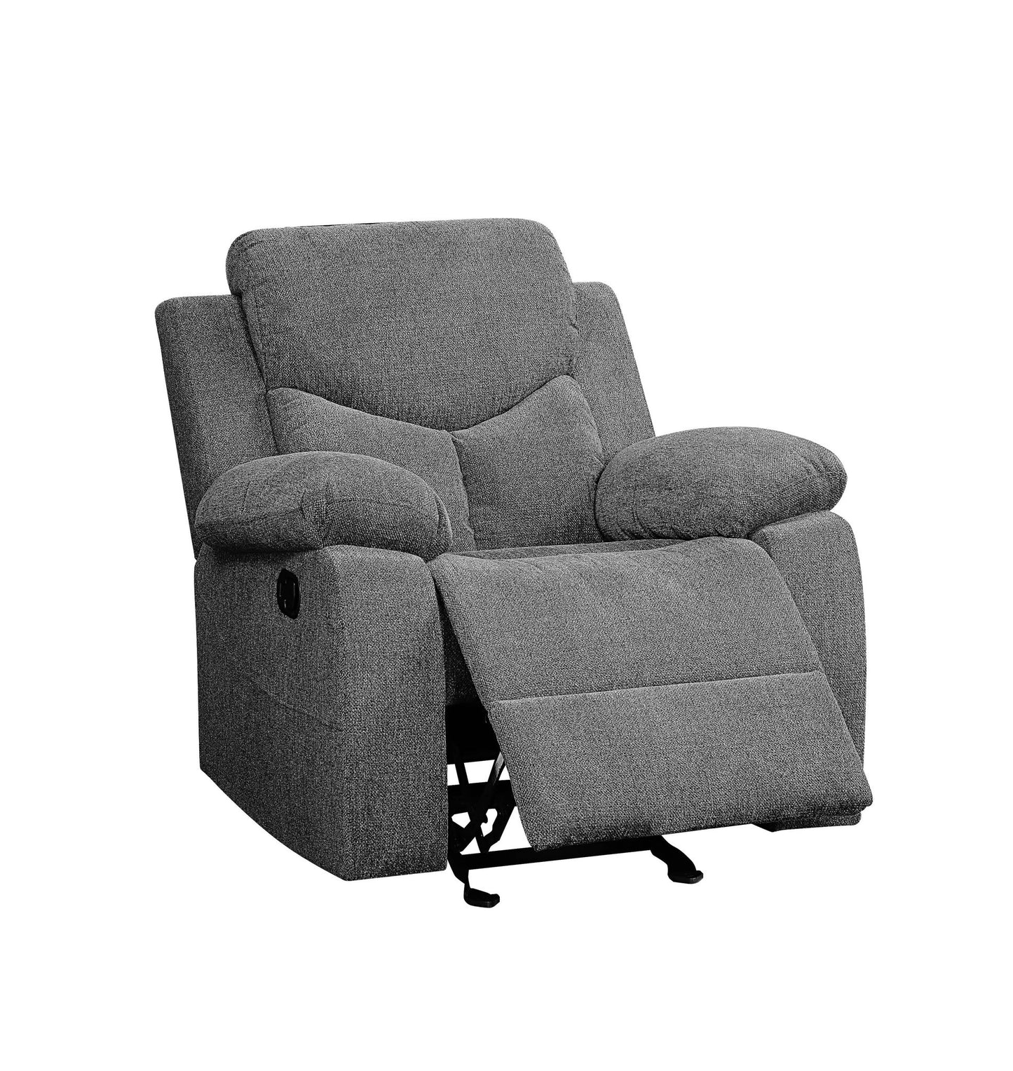 The Kalen - Chenille Glider Recliner in gray features padded armrests and an extended footrest, shown against a white background.