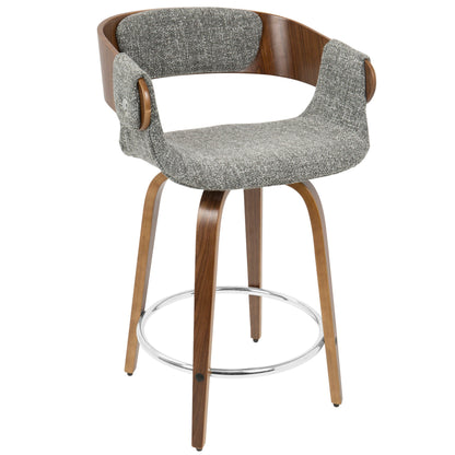 The Elisa Mid Century Modern Counter Stool (Set of 2) features a curved wooden backrest, padded grey fabric seat and back, outward-angled wooden legs, and a circular metal footrest.