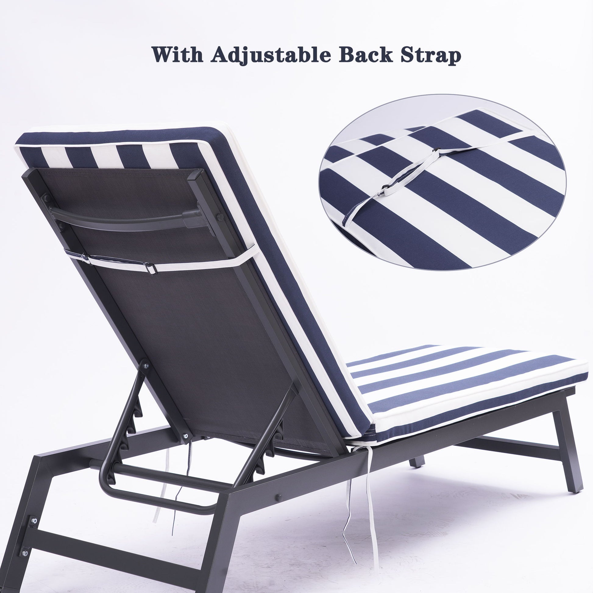 The Outdoor Lounge Chair Cushion Replacement features a cushioned seat and backrest with an adjustable back strap, as shown in the inset close-up highlighting the strap detail. Perfect for patio furniture or chaise lounge cushions.