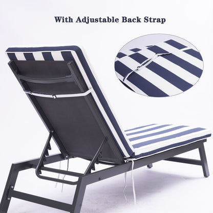 The Outdoor Lounge Chair Cushion Replacement features a cushioned seat and backrest with an adjustable back strap, as shown in the inset close-up highlighting the strap detail. Perfect for patio furniture or chaise lounge cushions.
