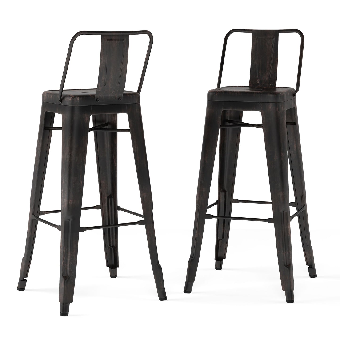 Set of 2 Rayne Curved Back Metal Stools with footrests, featuring an industrial style and slightly distressed black finish, shown against a white background.