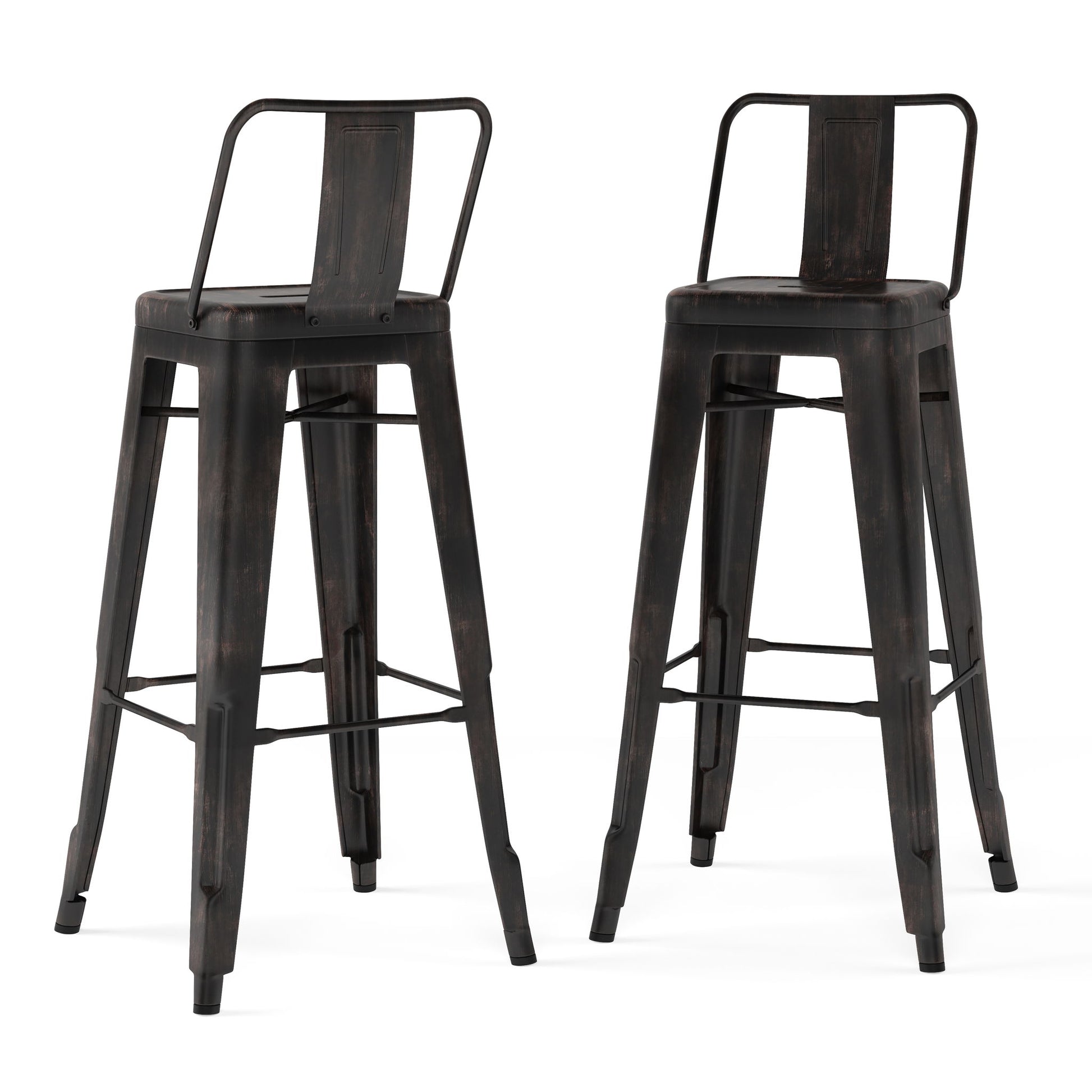 Set of 2 Rayne Curved Back Metal Stools with footrests, featuring an industrial style and slightly distressed black finish, shown against a white background.