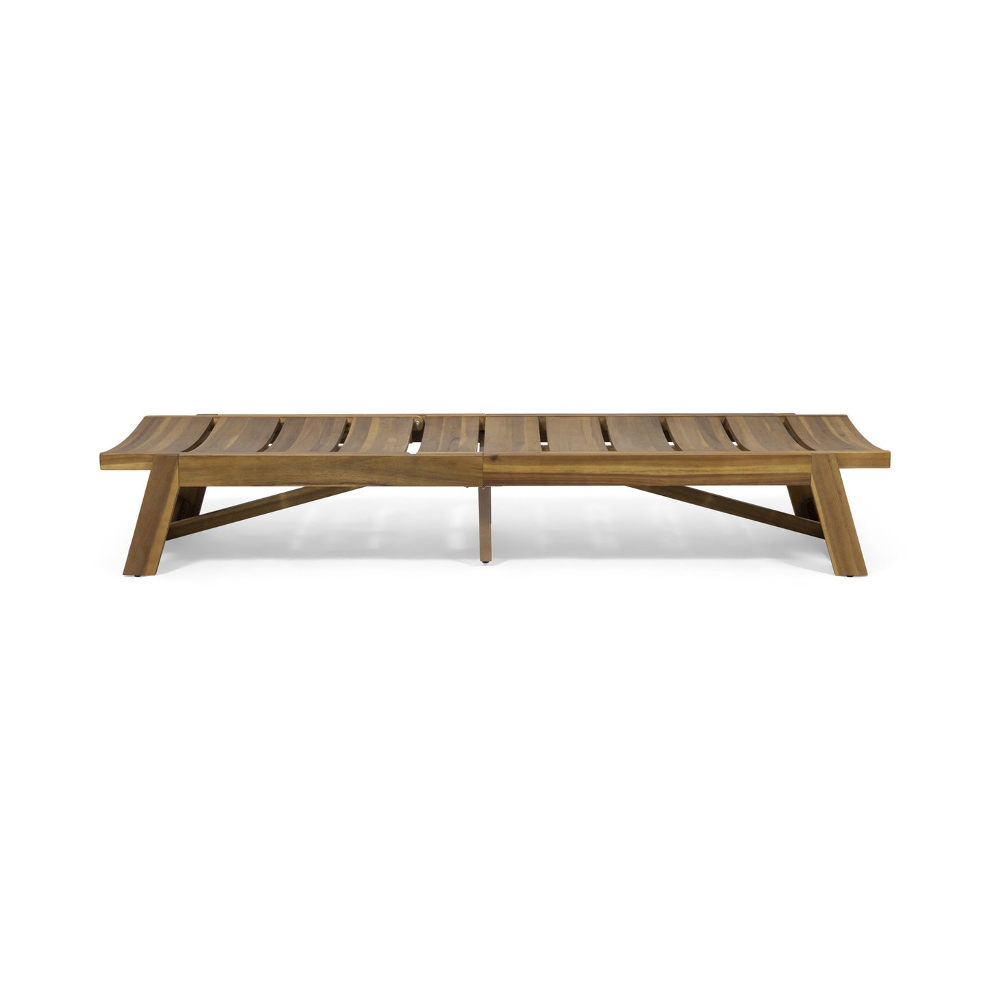 The Outdoor Chaise Lounge With Adjustable Seating And Slat Panel in yellow brown features a slatted seat and backrest, angled legs, and a modern design, shown against a white background.