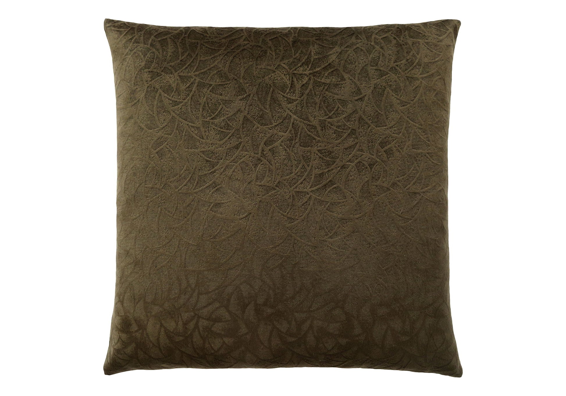 Square, dark brown decorative throw pillow with insert included features a subtle embossed leaf pattern in varying shades for added texture and depth; hypoallergenic and modern design.