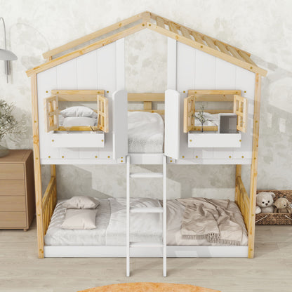 The House Bunk Bed features a roof, windows with window box, door, safety guardrails, and a central ladder. Cozy bedding and plush toys on the lower bed complement the room’s bright decor.