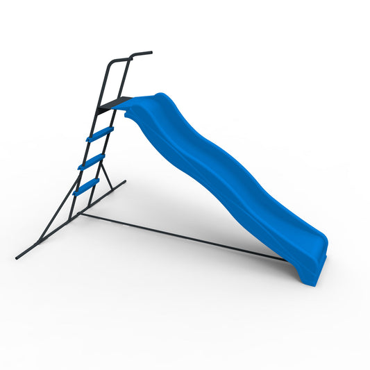 The Xsl003 2.2M Kids Plastic Slide features a blue wavy plastic chute, black metal frame with railings and support bars for stability. This freestanding indoor playground equipment is set against a plain white background.