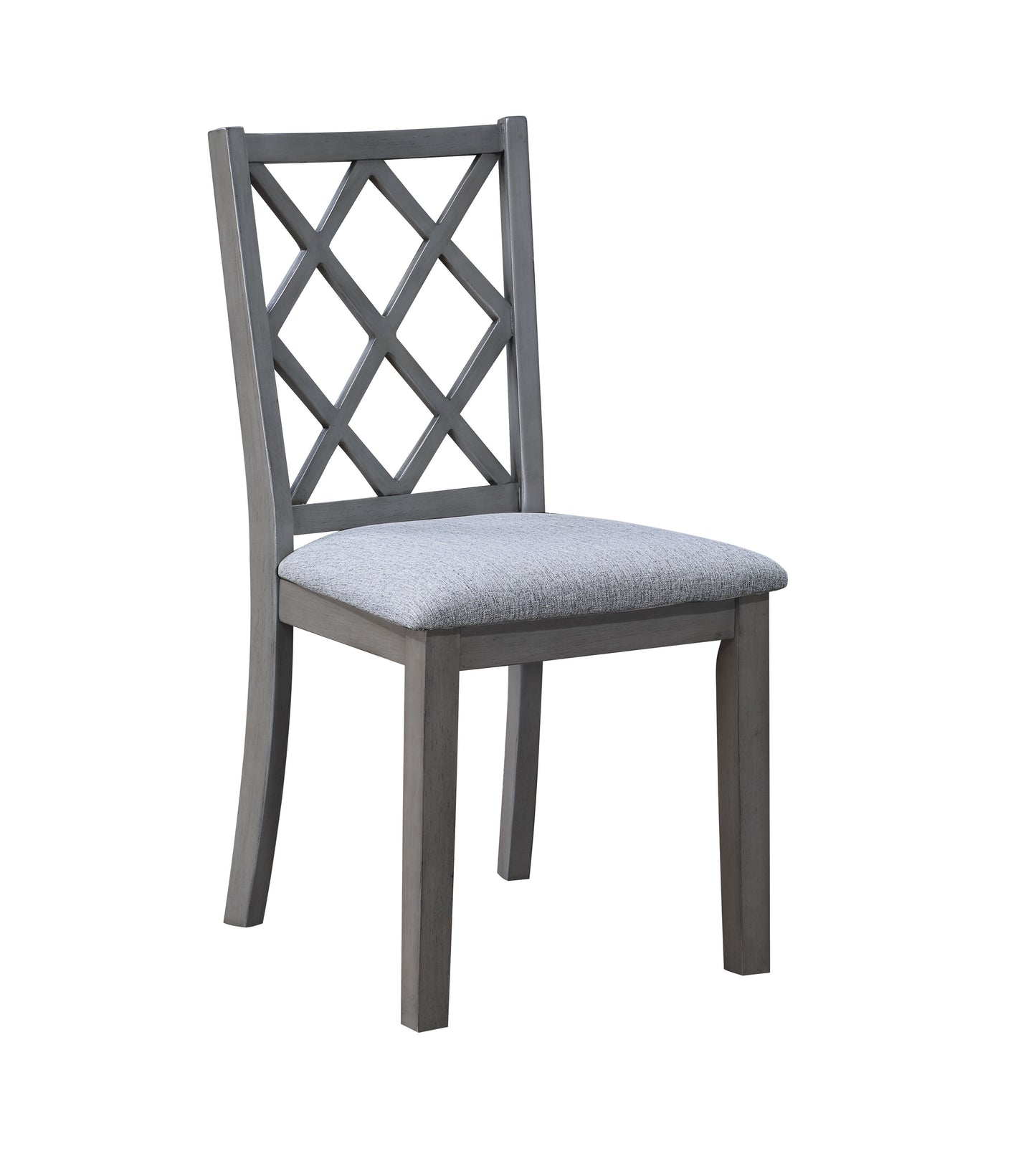 The Carlisle Cross Back Side Dining Chair set (2) in gray features a diamond-patterned backrest, a light gray cushioned seat, straight legs, and an elegant design. The chair is shown against a white background.
