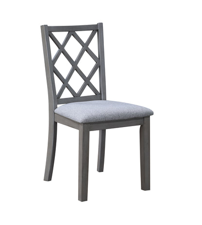 The Carlisle Cross Back Side Dining Chair set (2) in gray features a diamond-patterned backrest, a light gray cushioned seat, straight legs, and an elegant design. The chair is shown against a white background.