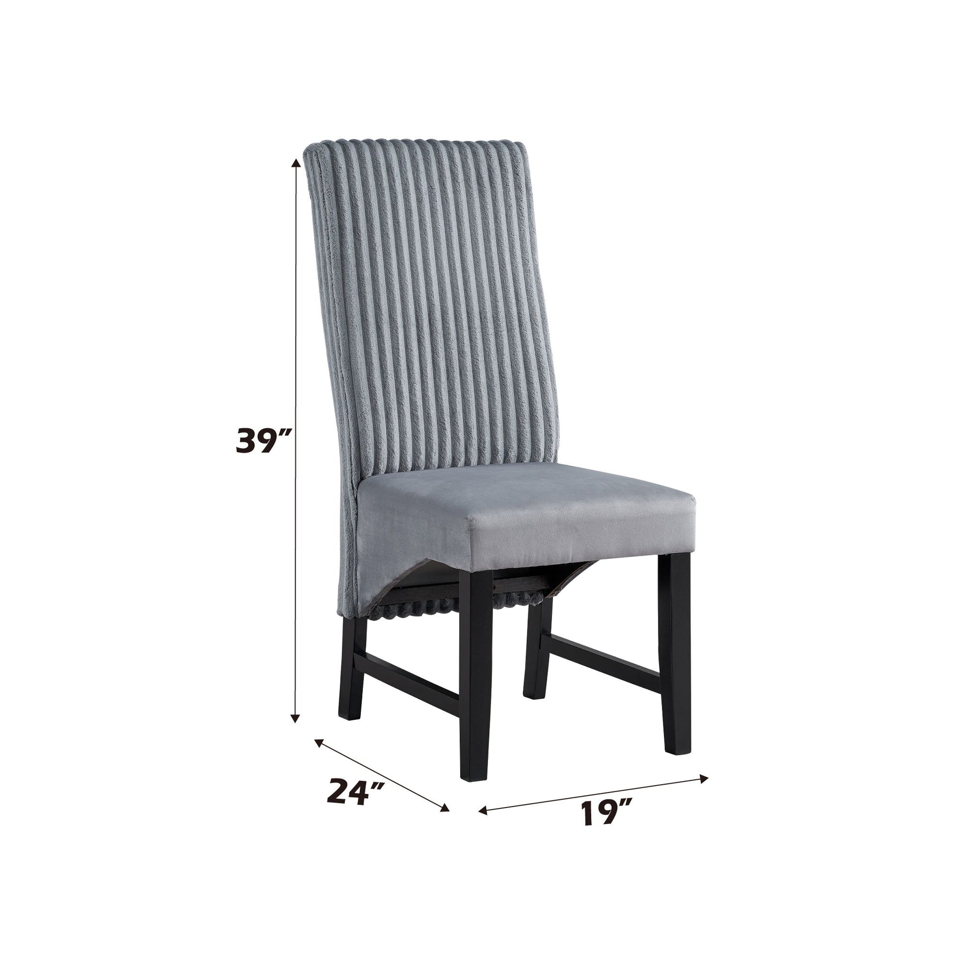 The Kini - Corduroy Side Chair (Set of 2) in Black/Gray features vertical tufted lines, black wooden legs, and measures 39" H x 24" D x 19" W.