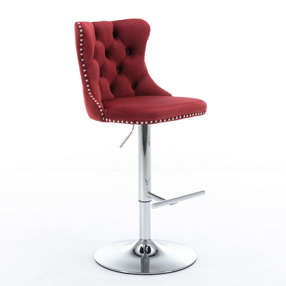 The Swivel Velvet Barstools (Set of 2) feature tufted red velvet backs and seats with silver nailhead trim, chrome bases, and adjustable seat heights from 25-33", perfect for modern home pubs or kitchen islands.