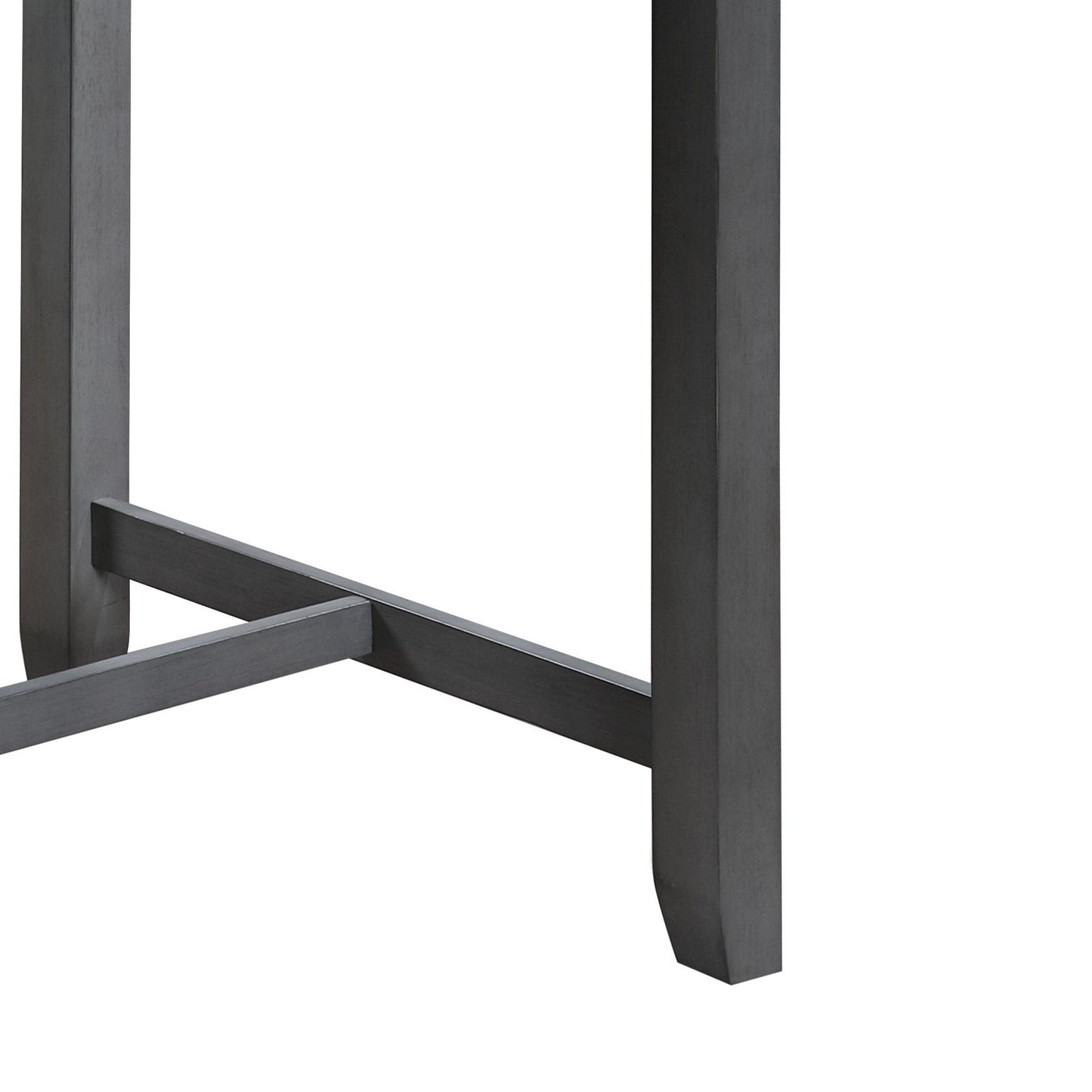 Close-up view of the lower section of the Graham Small Space Counter Height Dining Table with USB charging ports and shelves, featuring dark gray wood legs with crossbar supports, shown against a plain white background.