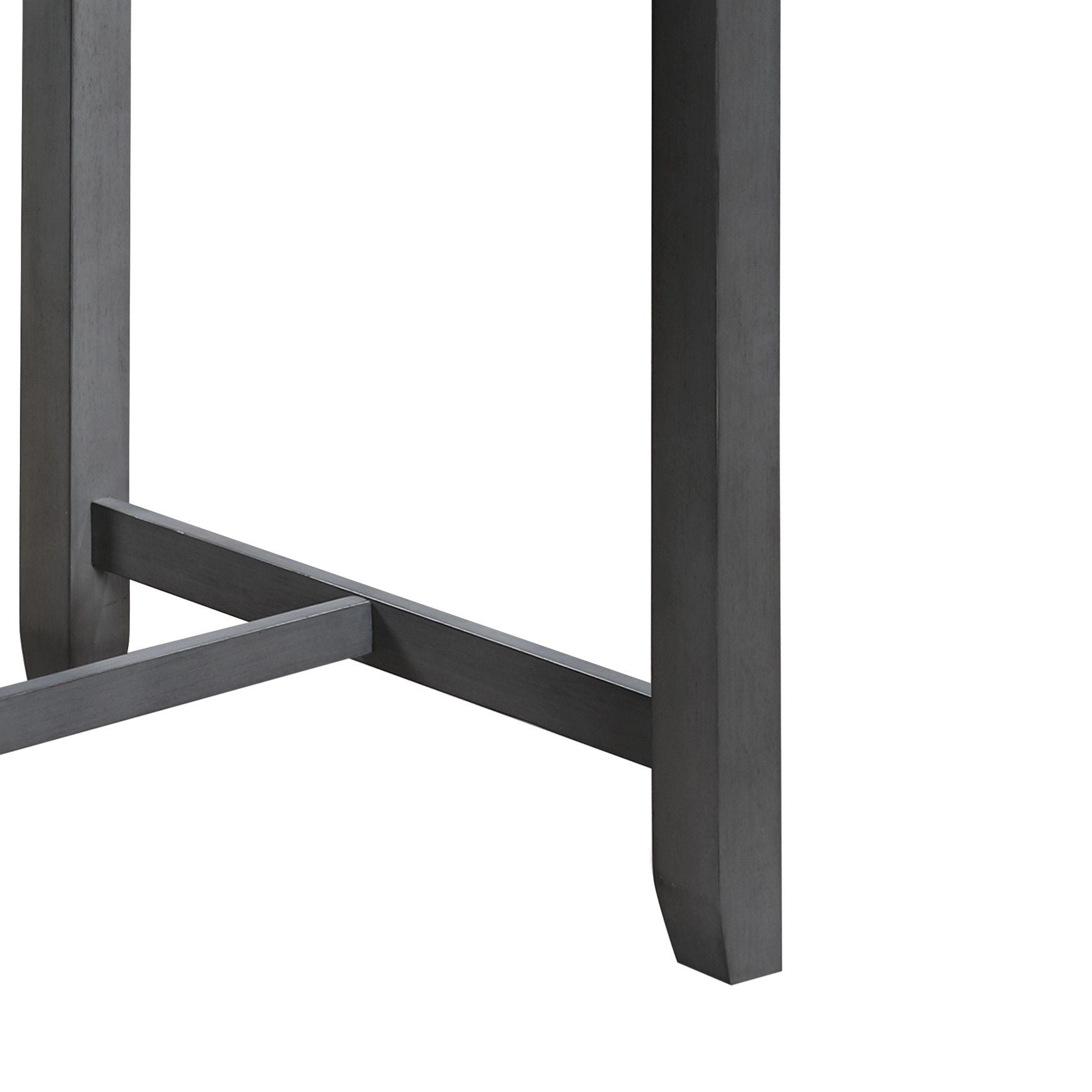 Close-up view of the lower section of the Graham Small Space Counter Height Dining Table with USB charging ports and shelves, featuring dark gray wood legs with crossbar supports, shown against a plain white background.