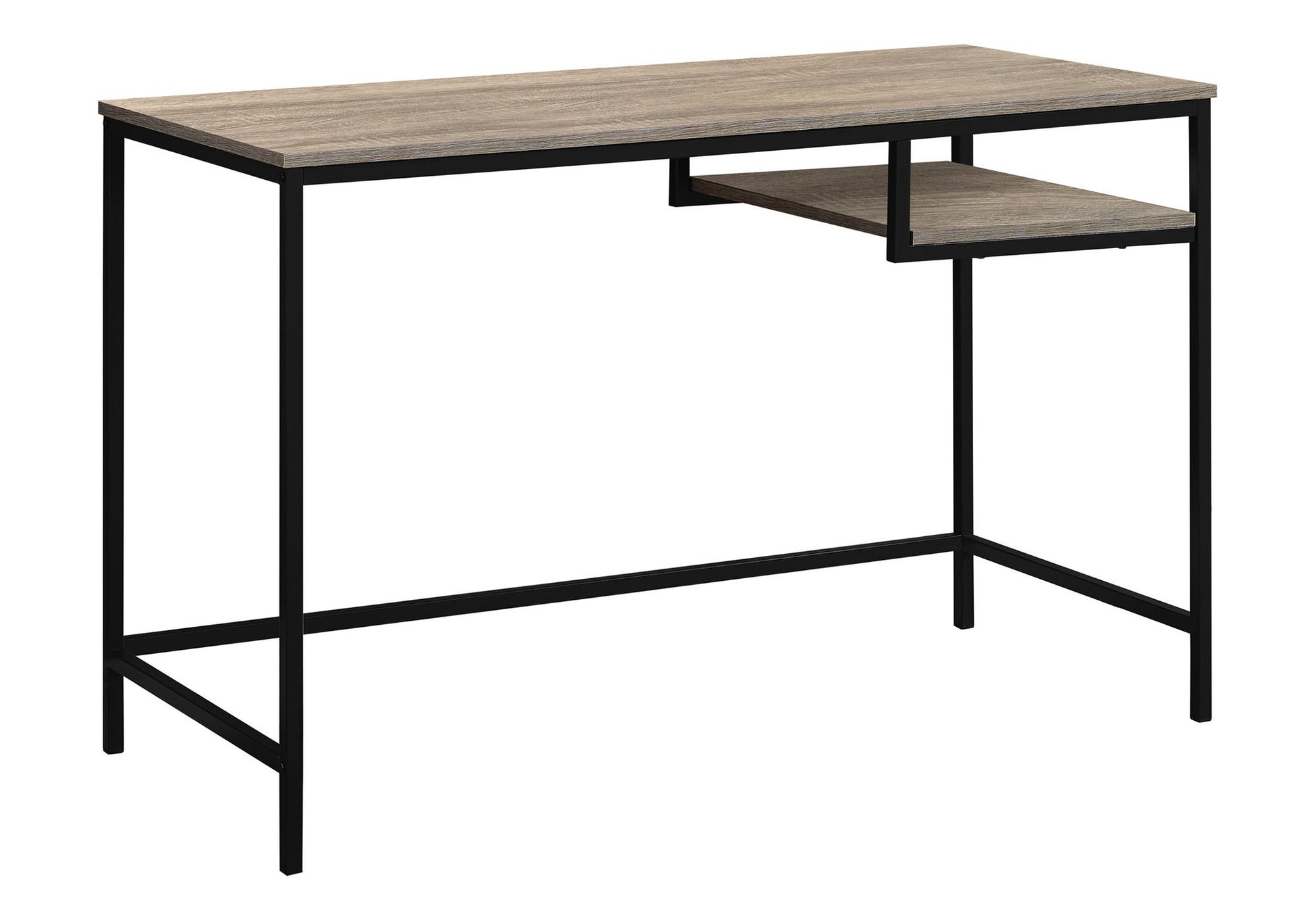 The Computer Desk For Home Office features a compact modern design with a light wood tabletop, black metal frame, and a small elevated shelf on the right side beneath the desk surface.