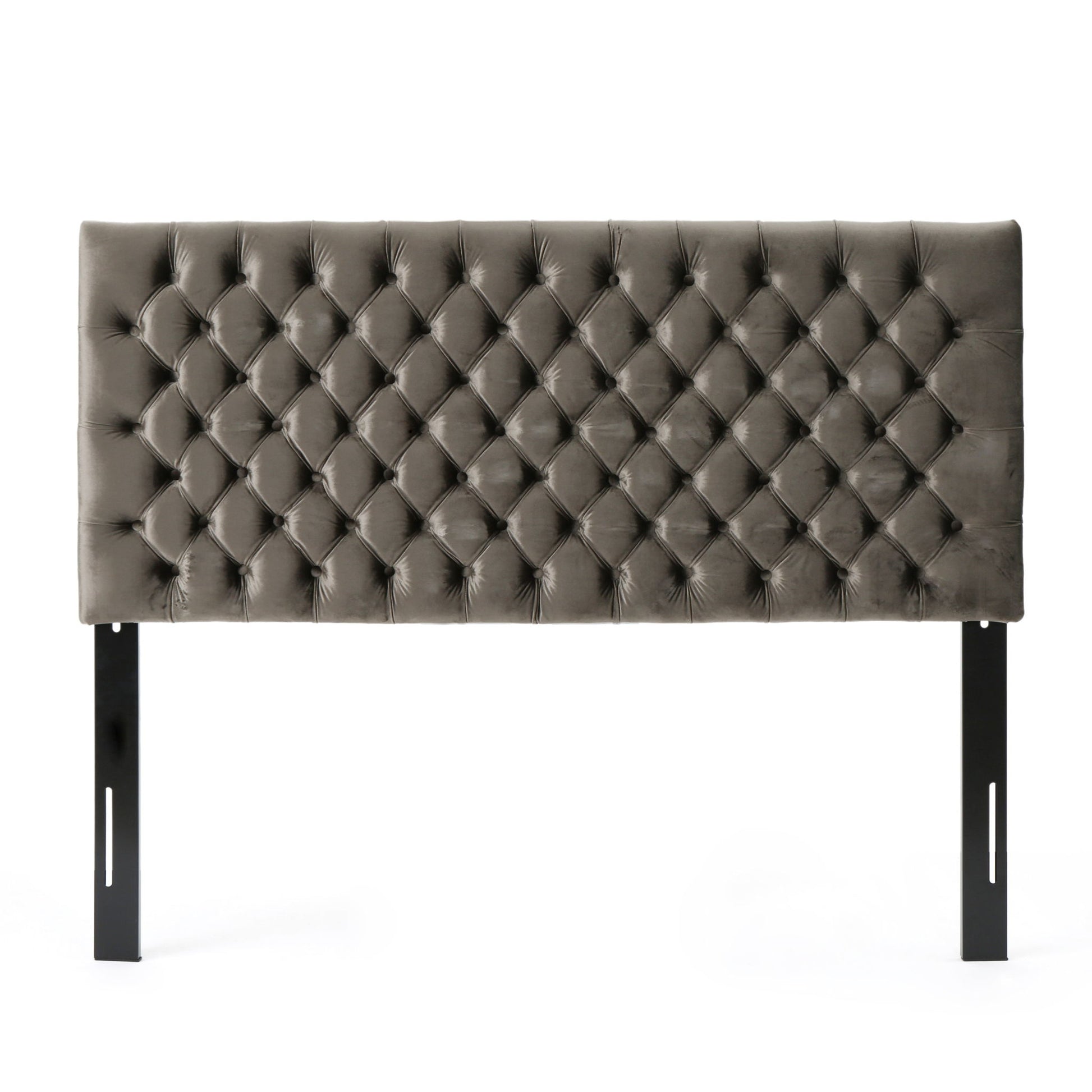 The Annecy - Contemporary Upholstered Headboard features a rectangular, tufted gray design with a diamond pattern and two black metal support legs, displayed against a white background.