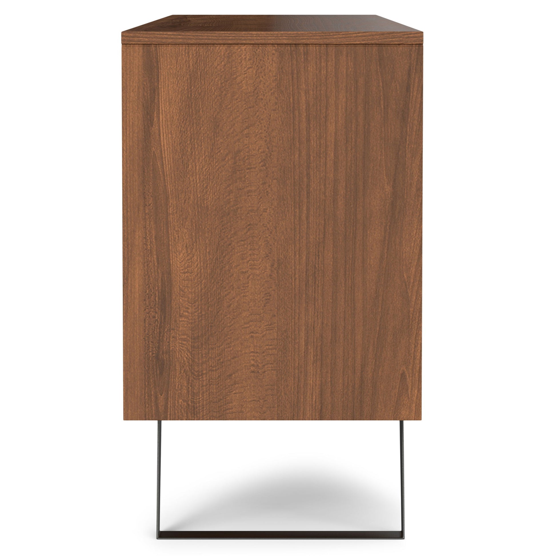 Side view of the Lowry - Handcrafted Sideboard Buffet, featuring a smooth brown wood grain finish, rectangular shape, and supported by a minimalist black metal base.