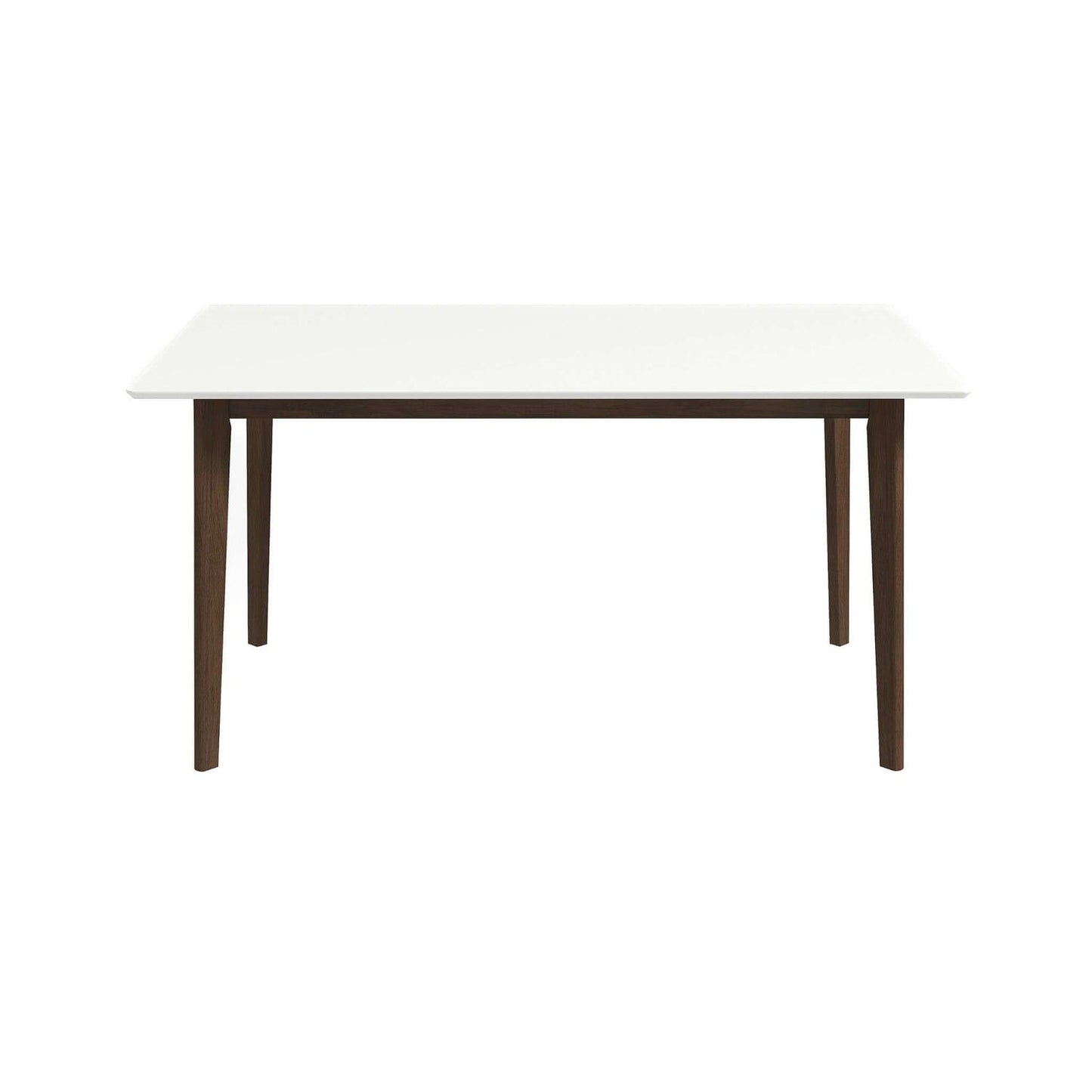 The Carlos Dining Table features a smooth white tabletop and four tapered, dark wooden legs, displayed against a plain white background.