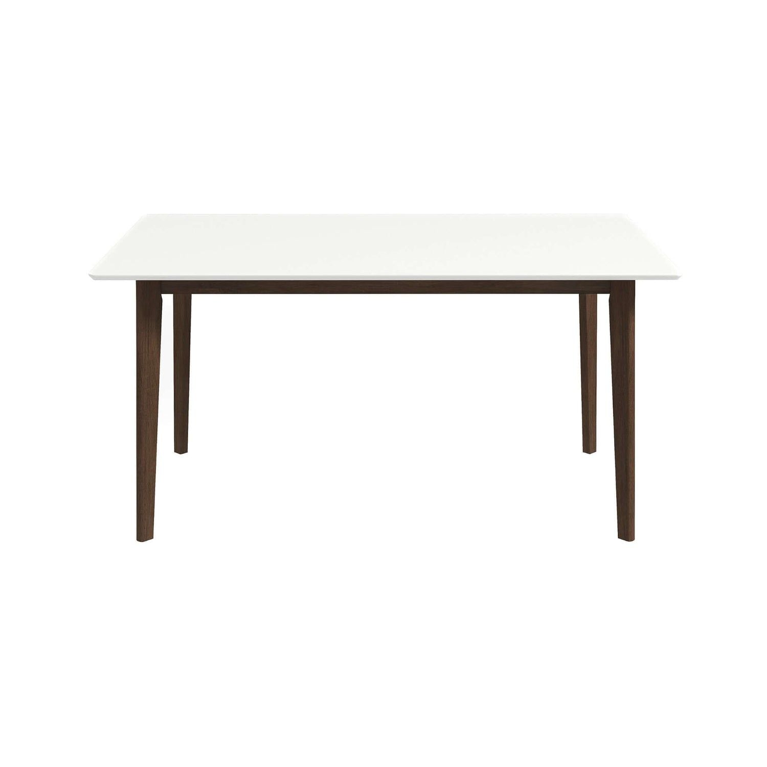 The Carlos Dining Table features a smooth white tabletop and four tapered, dark wooden legs, displayed against a plain white background.