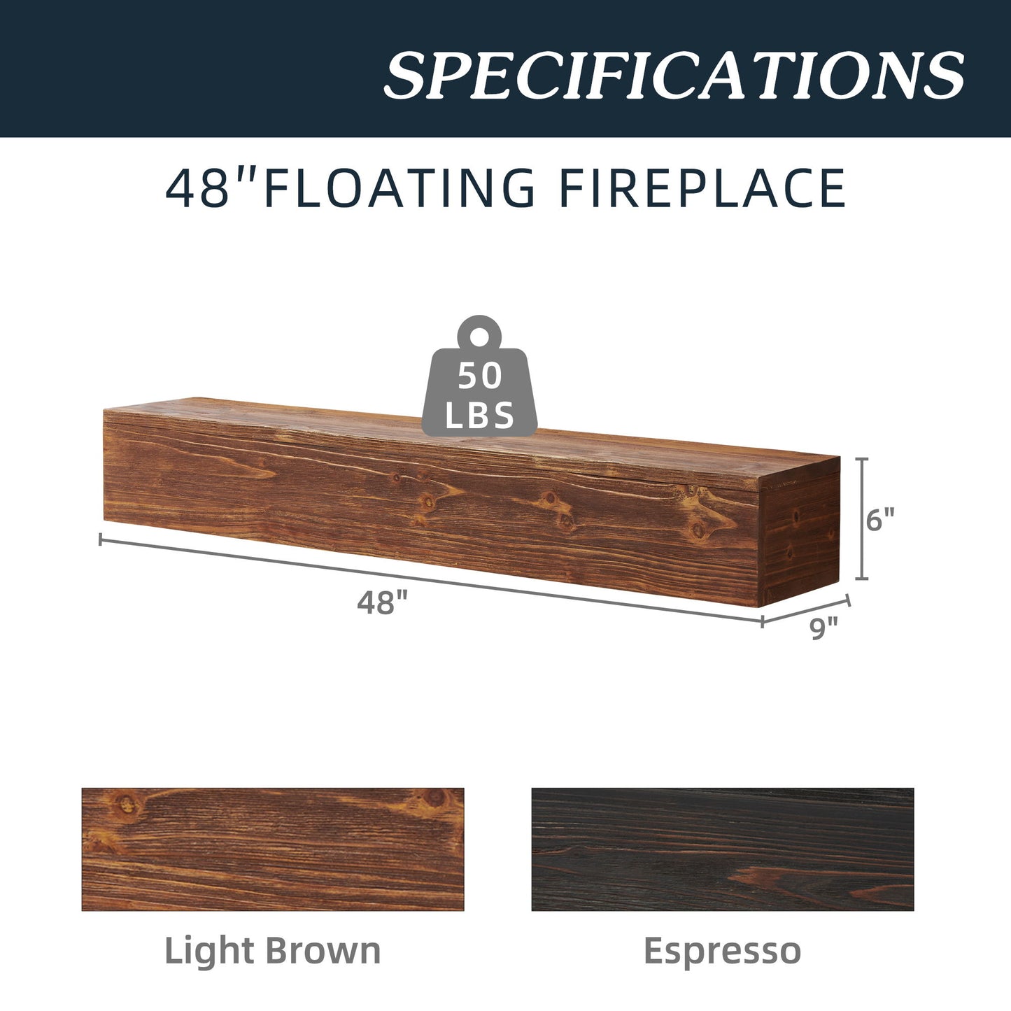 Image of the Rustic Wood Fireplace Mantel, a wall-mounted 48" floating shelf for home decor, holds up to 50 lbs. Dimensions: 48" L x 9" D x 6" H. Available in light brown and espresso.
