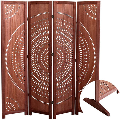 The Panel Solid Wood Folding Room Divider features four panels with intricate circular cut-out patterns, a reddish-brown finish, and includes a close-up of its sturdy wooden base stand for added stability.