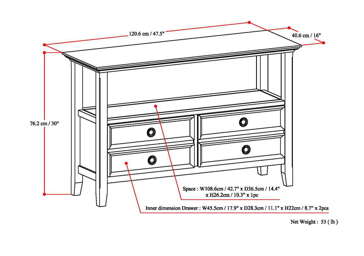 Black and white diagram of the Amherst Handcrafted Console Sofa Table showing four drawers, open shelf, labeled dimensions in cm & inches, and net weight of 53 lbs.