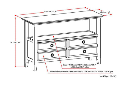 Black and white diagram of the Amherst Handcrafted Console Sofa Table showing four drawers, open shelf, labeled dimensions in cm & inches, and net weight of 53 lbs.