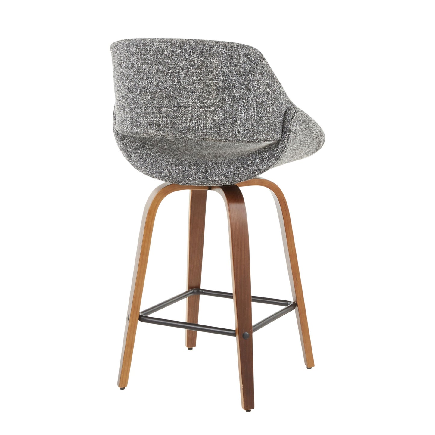 The Fabrico Mid-Century Modern Counter Stool (Set of 2) features a curved gray upholstered backrest, wooden legs, and a black metal footrest, displayed from a rear angled view.