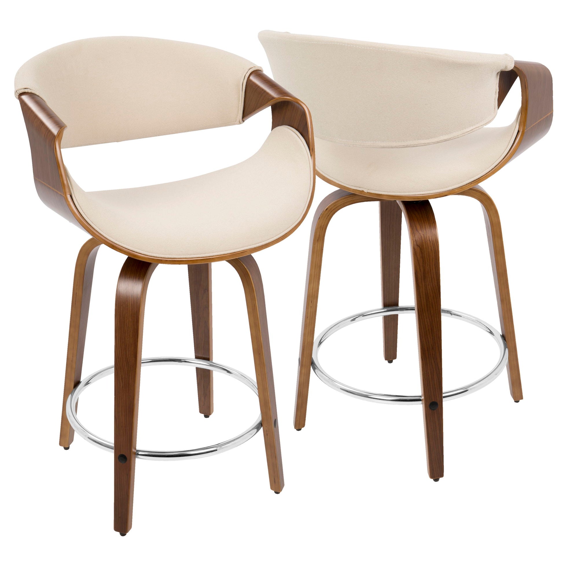 The Curvini Mid-Century Modern Fixed Height Counter Stool with Swivel (Set of 2) features curved wooden legs, a chrome footrest, cream upholstered seats and backs, open armrests, and a sleek mid-century style.