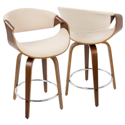The Curvini Mid-Century Modern Fixed Height Counter Stool with Swivel (Set of 2) features curved wooden legs, a chrome footrest, cream upholstered seats and backs, open armrests, and a sleek mid-century style.