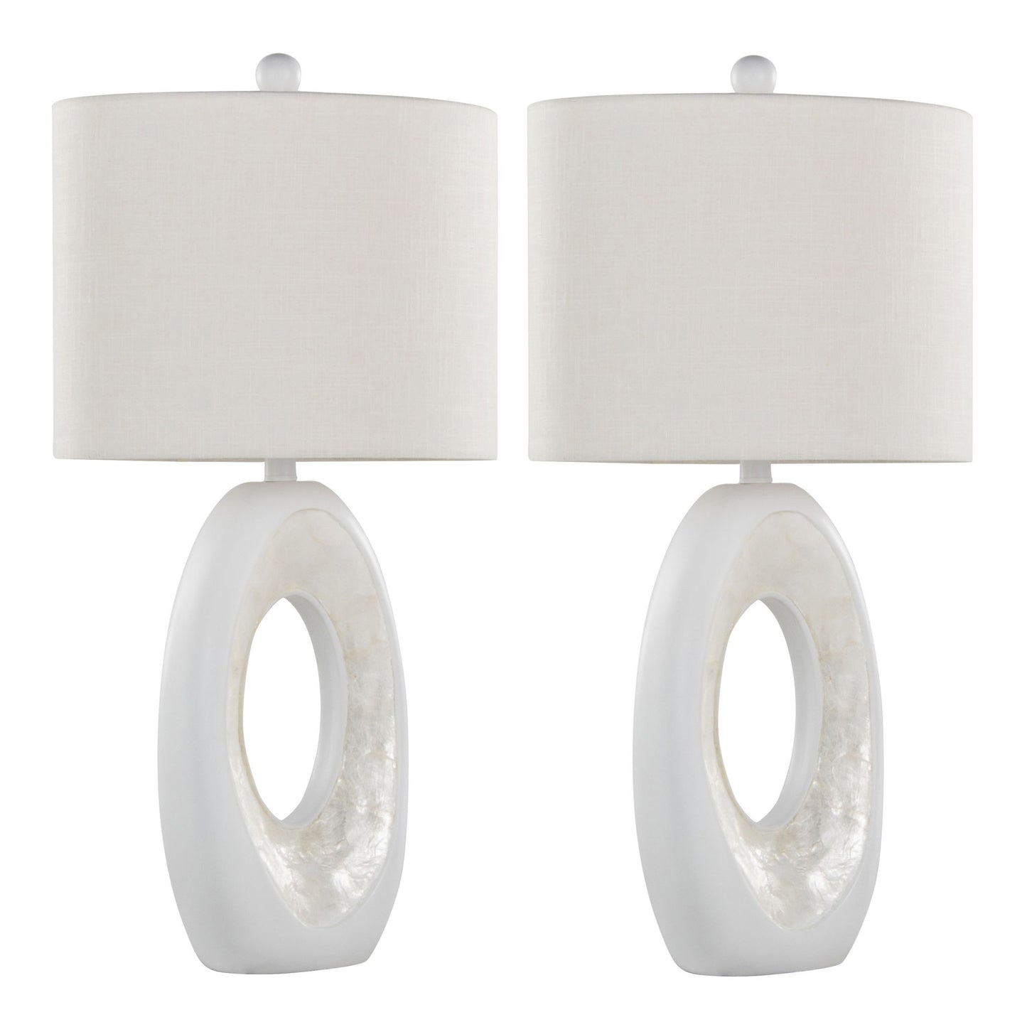 Set of 2 Pearl - Contemporary Table Lamps in matte white with natural shell accents, featuring oval bases with hollow centers and cylindrical white fabric shades.