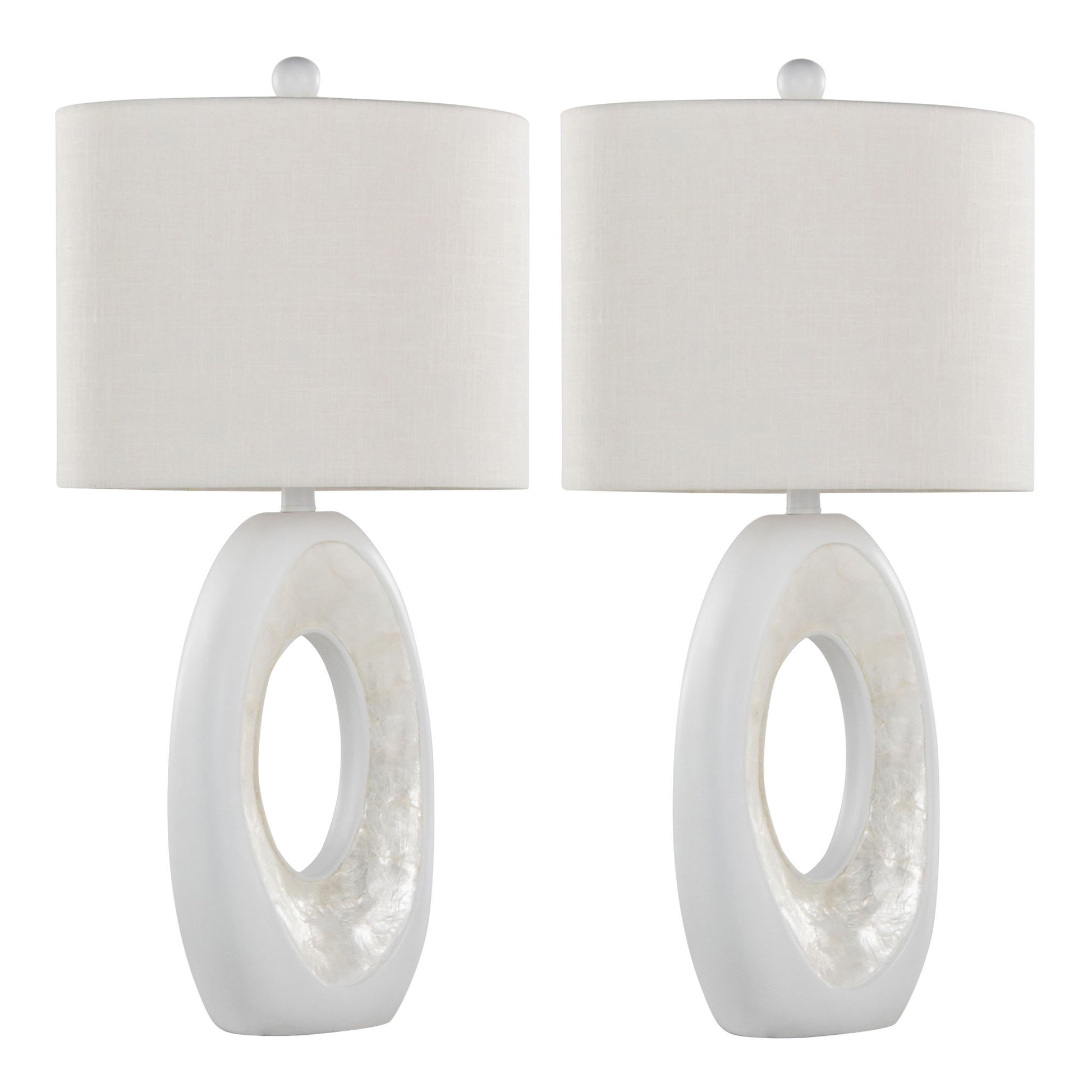 Set of 2 Pearl - Contemporary Table Lamps in matte white with natural shell accents, featuring oval bases with hollow centers and cylindrical white fabric shades.
