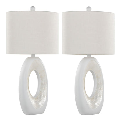 Set of 2 Pearl - Contemporary Table Lamps in matte white with natural shell accents, featuring oval bases with hollow centers and cylindrical white fabric shades.