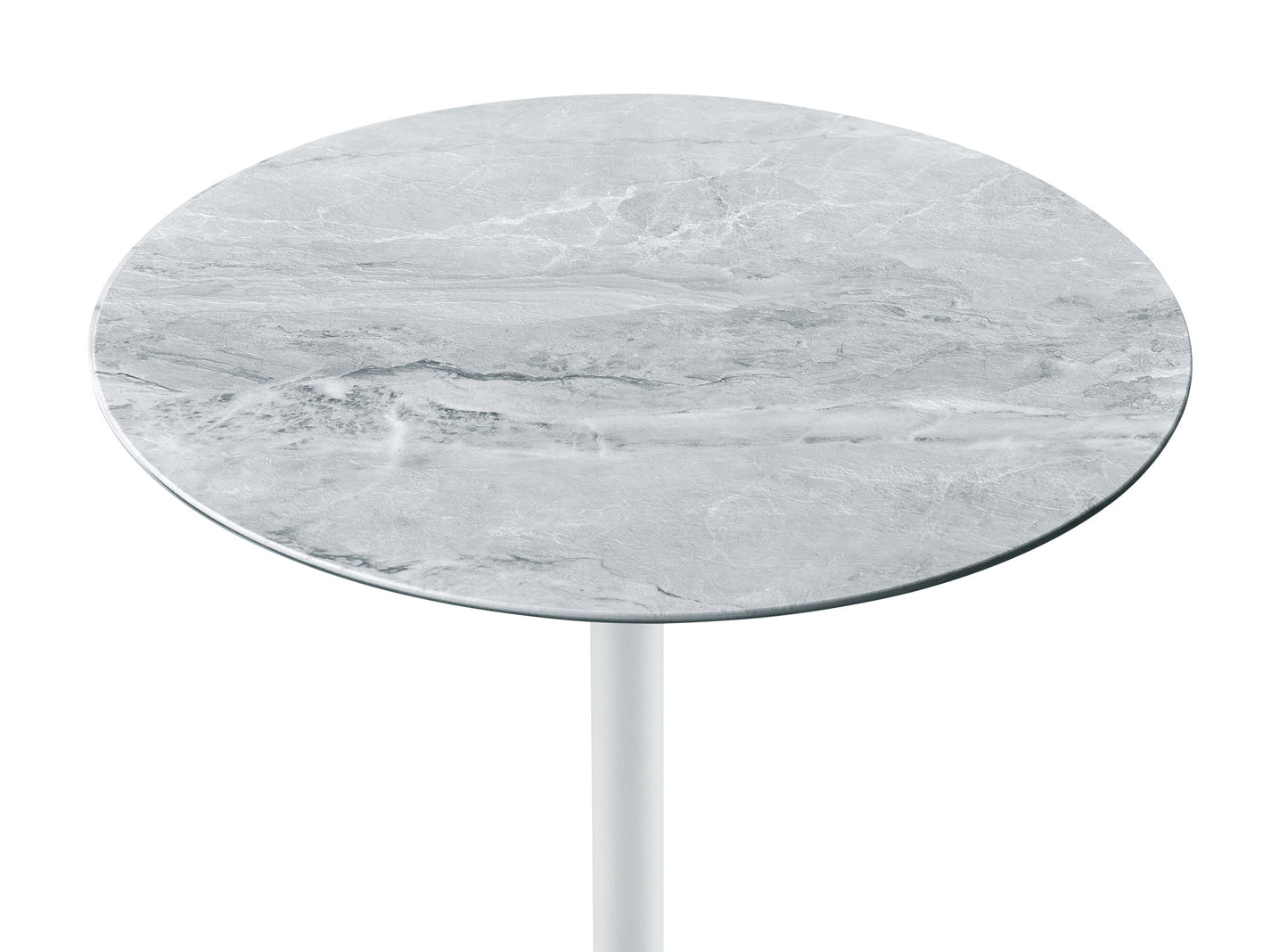 The Orbit - 15.5" End Table features a height adjustable round top with a smooth gray marble texture and subtle white veining, supported by a slender white stem, shown against a plain white background.