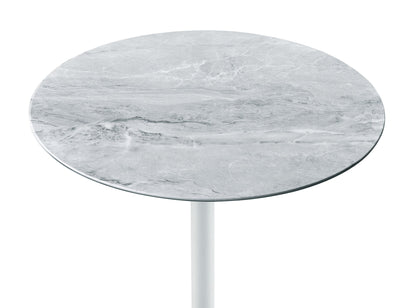 The Orbit - 15.5" End Table features a height adjustable round top with a smooth gray marble texture and subtle white veining, supported by a slender white stem, shown against a plain white background.