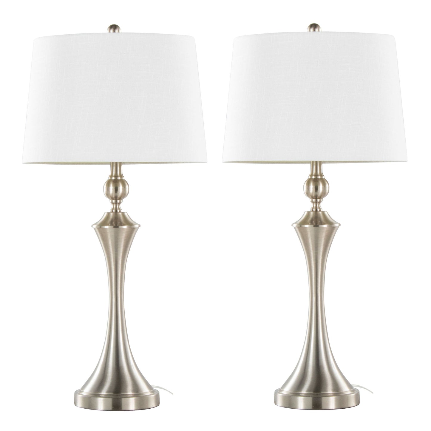 The Flint Contemporary Table Lamp set of 2 features brushed nickel bases, white drum shades, and built-in USB ports, displayed side by side against a white background.