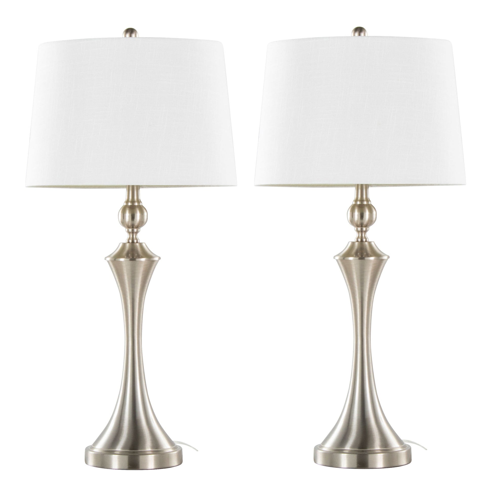 The Flint Contemporary Table Lamp set of 2 features brushed nickel bases, white drum shades, and built-in USB ports, displayed side by side against a white background.